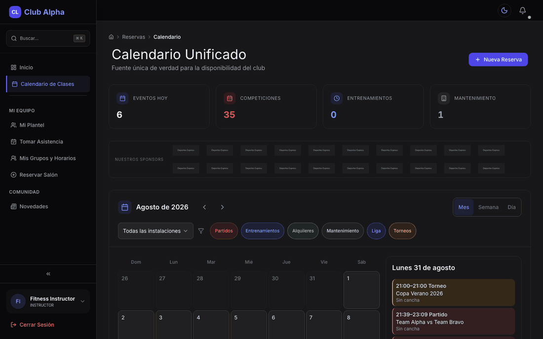 Calendario de clases del instructor en Club Pulse con horarios y salones.