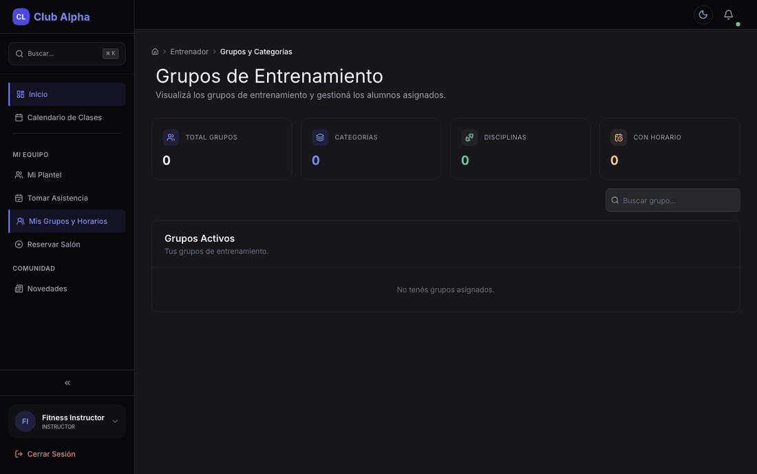 Resumen de disciplinas del instructor en Club Pulse con contadores y grupos por deporte.