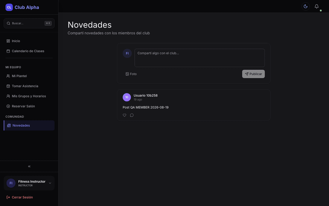 Novedades del instructor en Club Pulse con feed del club.