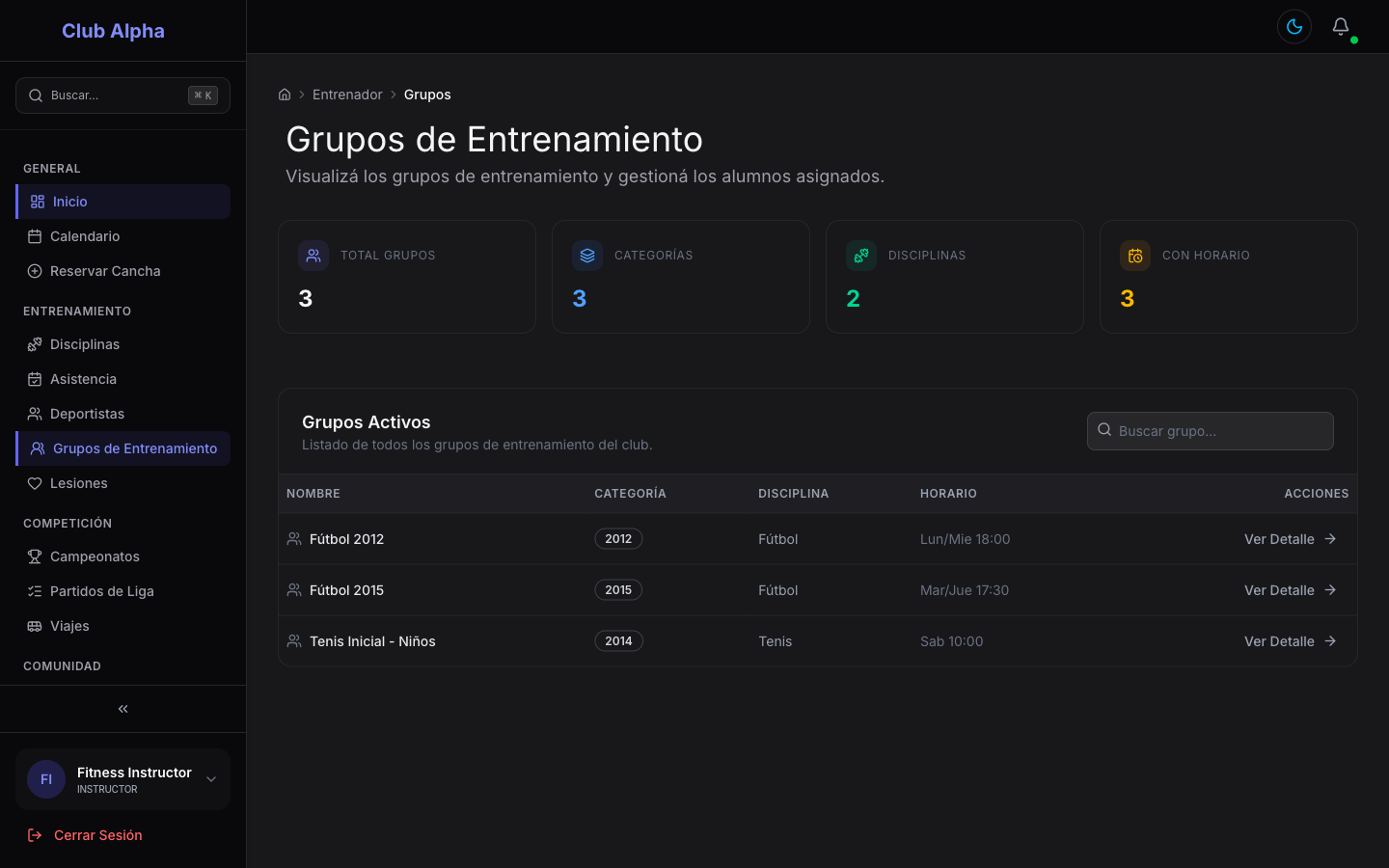 Grupos de clase del instructor en Club Pulse con sus alumnos y sesiones.