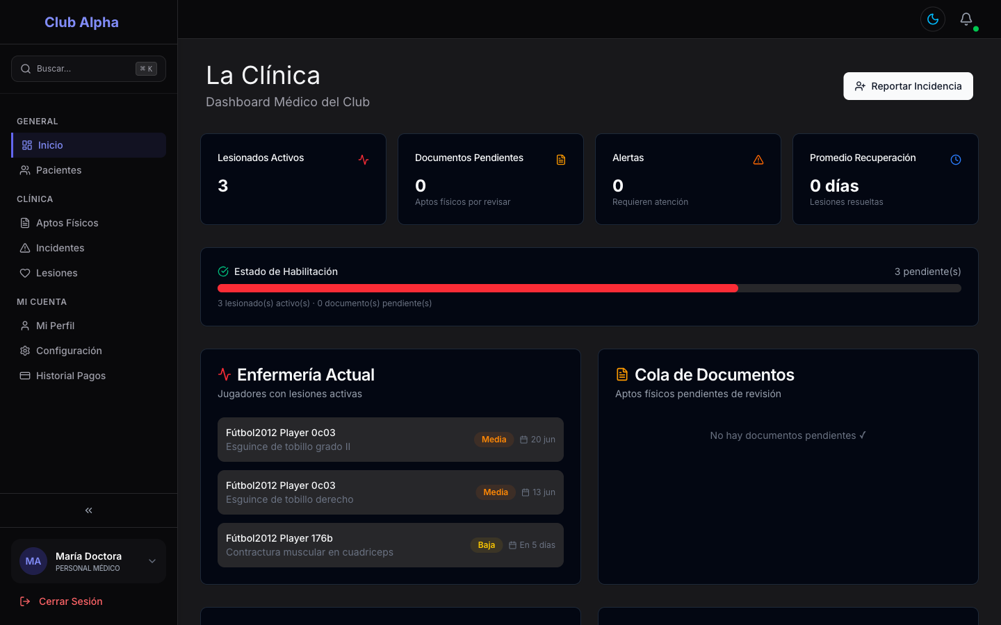 Dashboard médico "La Clínica" en Club Pulse con lesionados activos y estado de habilitación.