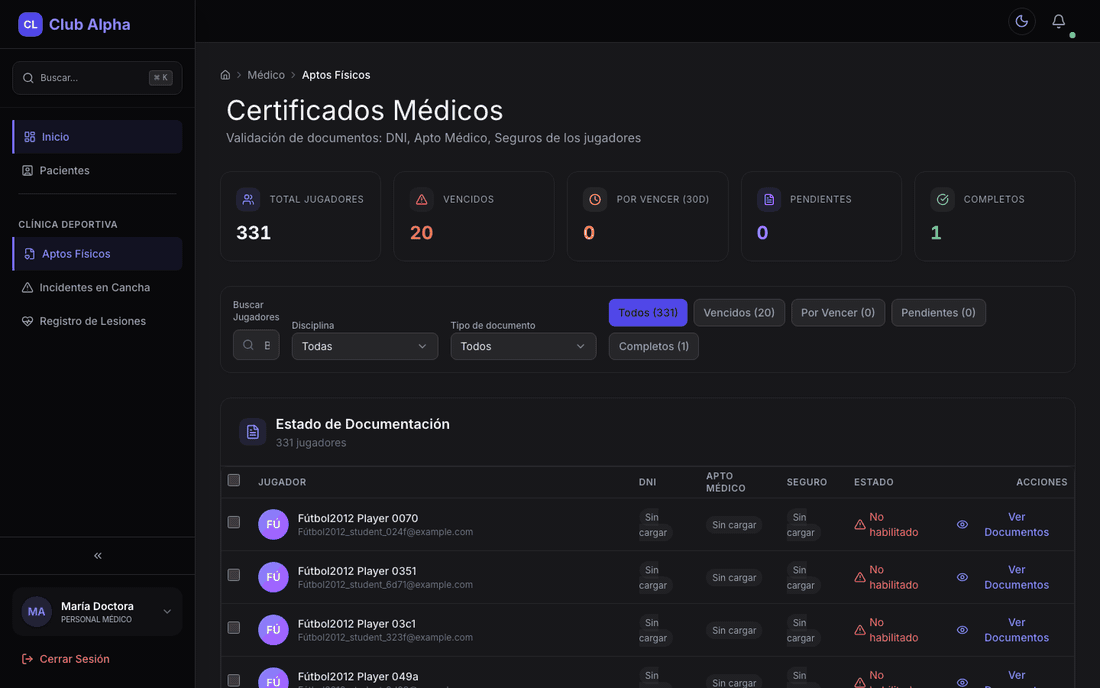 Certificados médicos en Club Pulse con estado de vigencia por jugador.