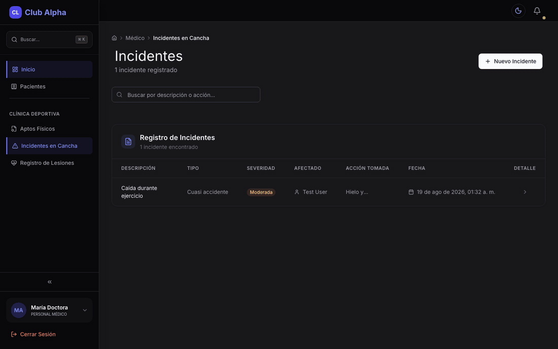Registro de incidentes médicos en Club Pulse con búsqueda y botón para registrar uno nuevo.