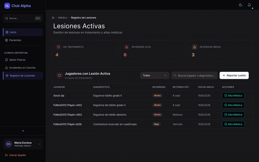 Listado de lesiones activas en Club Pulse con diagnóstico y seguimiento de cada jugador.