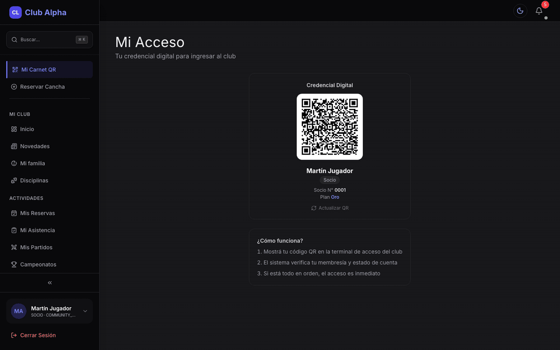 Carnet QR del socio en Club Pulse para ingreso al club.