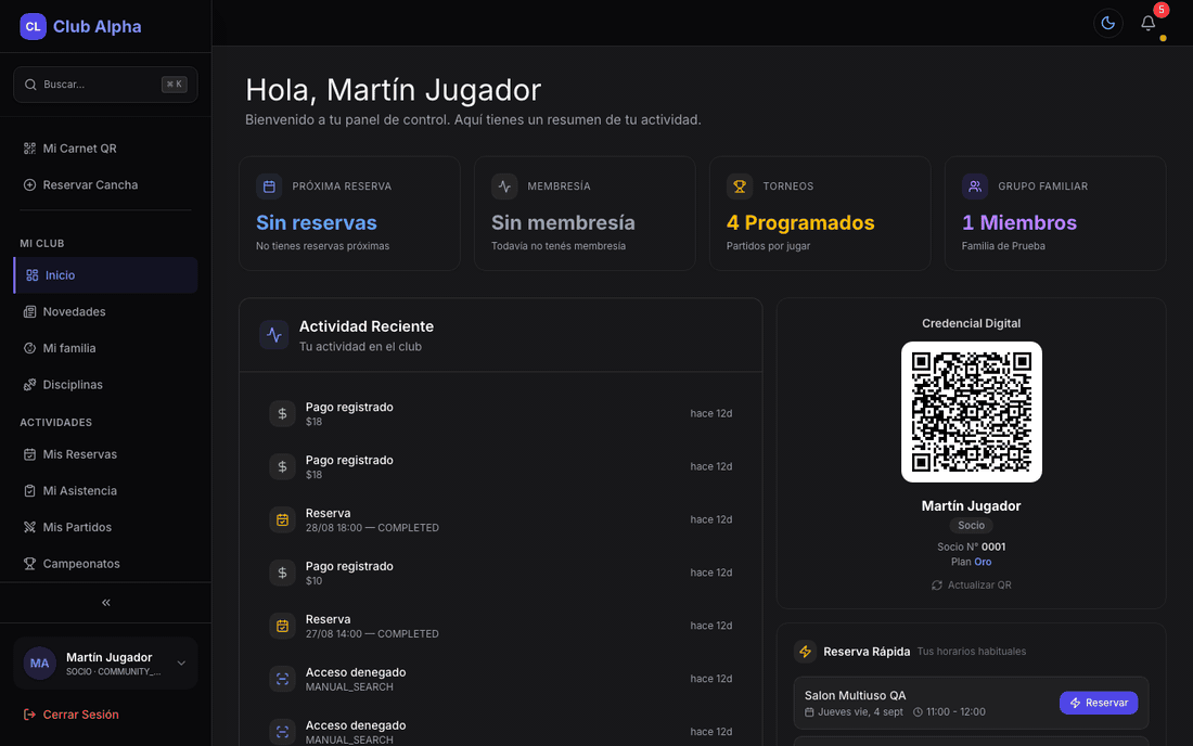 Inicio del socio en Club Pulse con resumen de reservas, cuota y actividad.