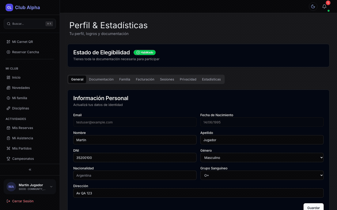Perfil y estadísticas del socio en Club Pulse con datos personales y métricas.