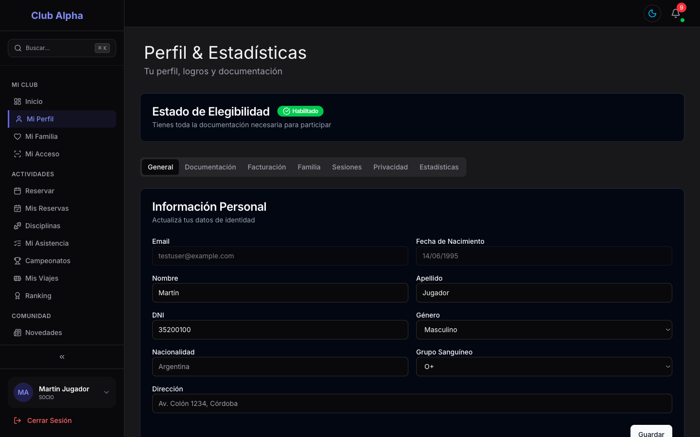 Perfil y estadísticas del socio en Club Pulse con datos personales y métricas.