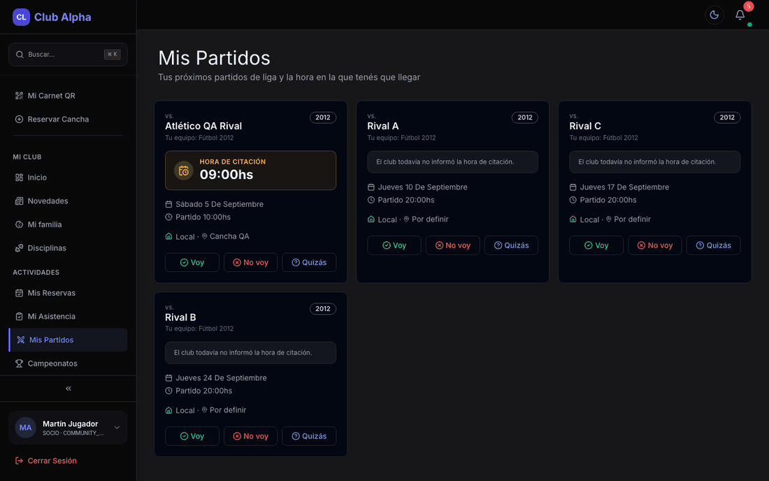 Mis partidos del socio en Club Pulse con fixture de liga.