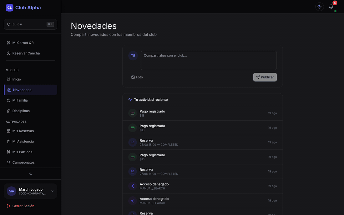 Novedades del socio en Club Pulse con feed interno del club.