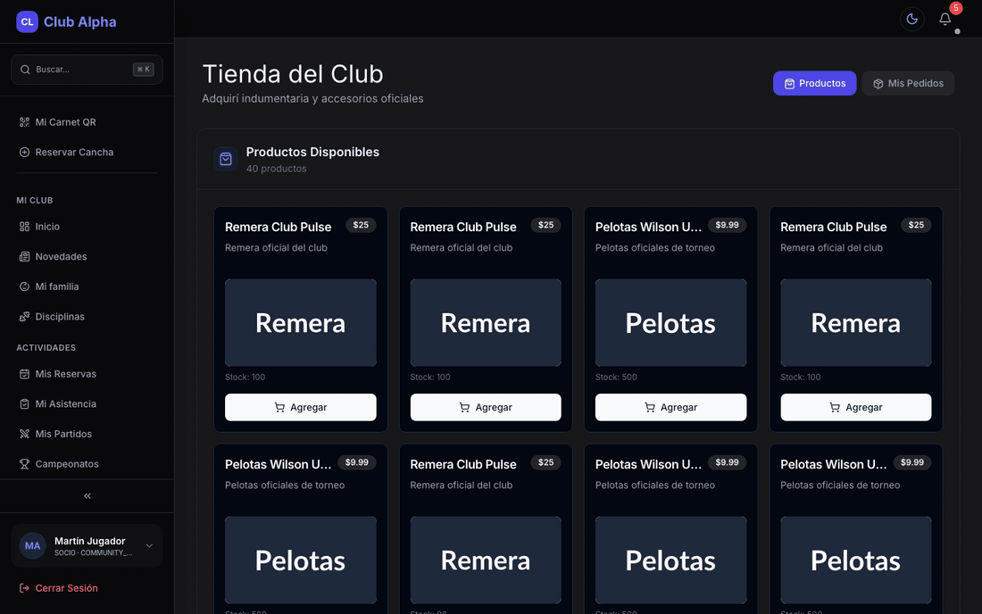 Tienda del Club vista por el socio en Club Pulse con el catálogo de productos.