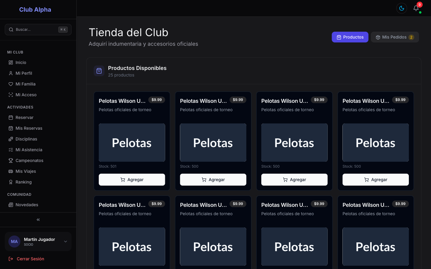 Tienda del Club vista por el socio en Club Pulse con el catálogo de productos.