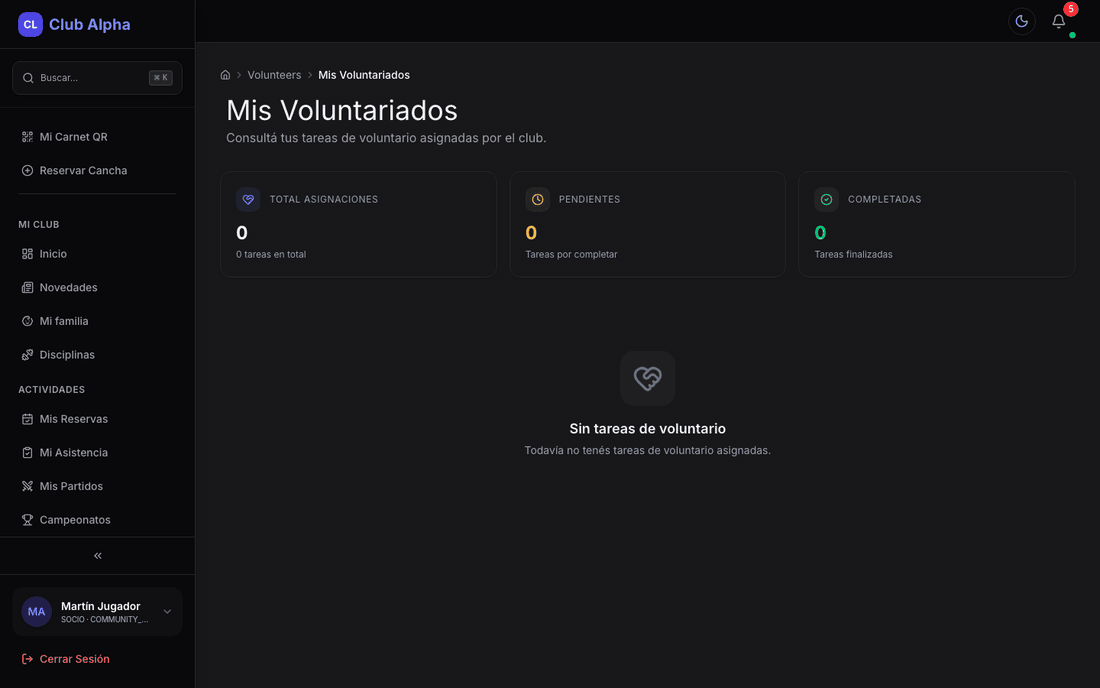 Voluntariados del socio en Club Pulse con actividades e inscripciones.