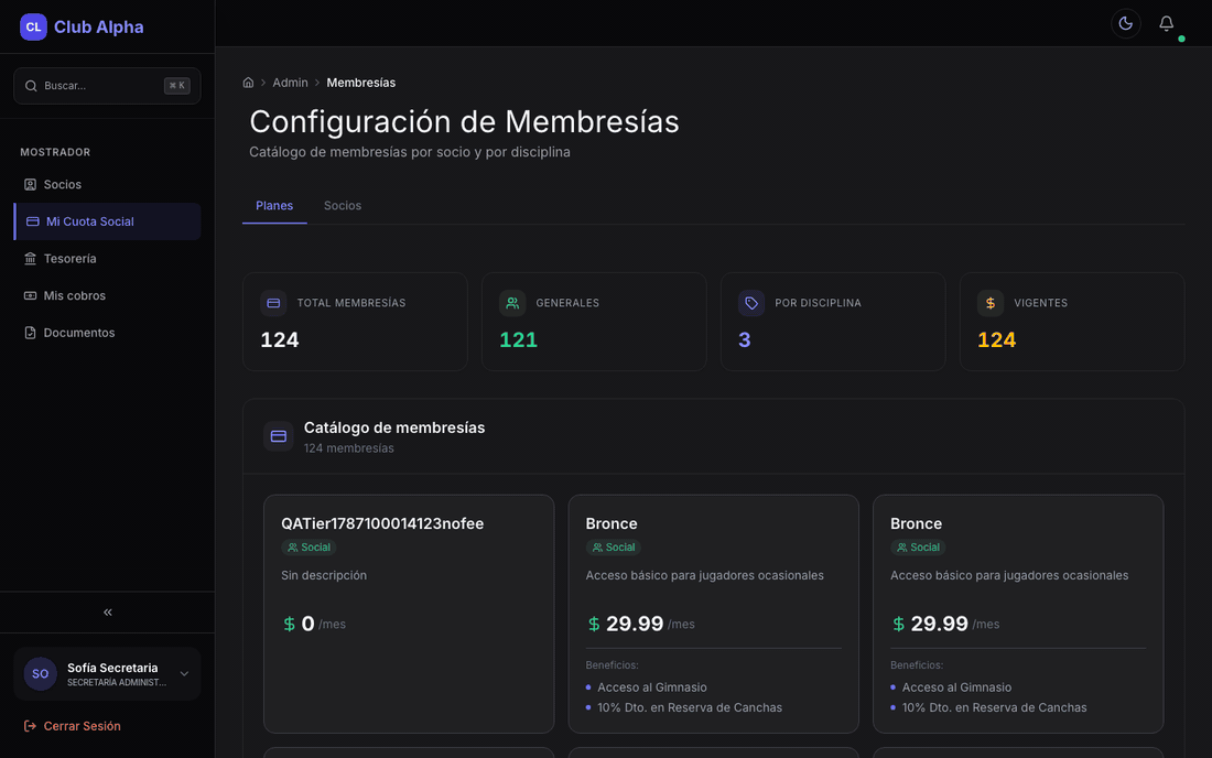 Panel de cuotas de secretaría administrativa en Club Pulse.