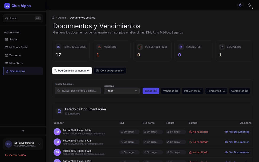 Documentos administrativos de secretaría en Club Pulse.