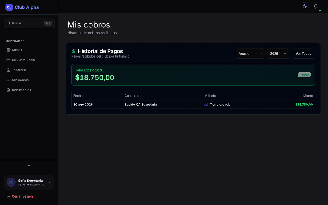 Mis cobros de secretaría administrativa en Club Pulse con liquidaciones del club.